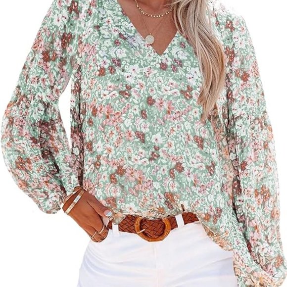 Women's Casual Boho Floral Print V Neck Long Sleeve Loose Blouse Shirts Top - Picture 1 of 4